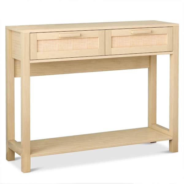 Karl home 39.38 in. Burlywood Rectangle MDF Console Table with 2 Rattan Look Drawers and 1 Shelf