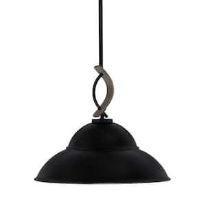 Wensley 100-Watt 1-Light Black and Wood-look Metal Shaded Pendant with with 16 in. Metal Shade No, bulb included