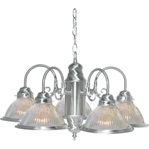 5-Light Brushed Nickel Chandelier with Clear Ribbed Glass Shades