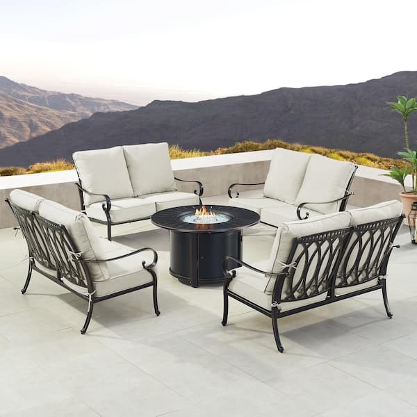 Oakland Living Black Aluminum Fire Table Set with 4-Deep Seating Loveseats