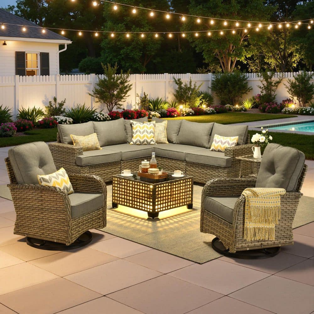 TobestV 9-Piece Wicker Outdoor Patio Sectional Set with Swivel Chairs and Solar Light Table, Dark Gray Cushions price history on PriceWatchPro