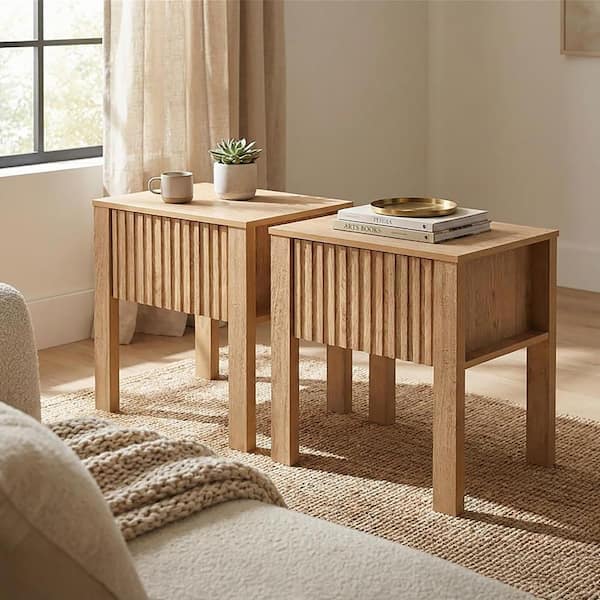 New Classic Furniture Thayer 21.57 in. Natural Rectangular Wood Top End Table with One Drawer (Set of 2)
