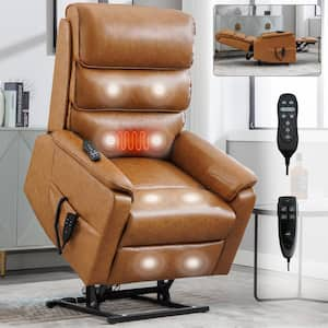 Yellow Brown Breathable Leather Dual Motor Infinite Position Up to 350 lbs. Power Lift Recliner Chair with Heat Massage