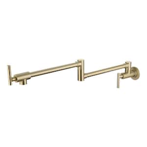 Wall Mounted Folding Pot Filler with Double-Handle Brass Stretchable Kitchen Sink Faucet in Brushed Gold