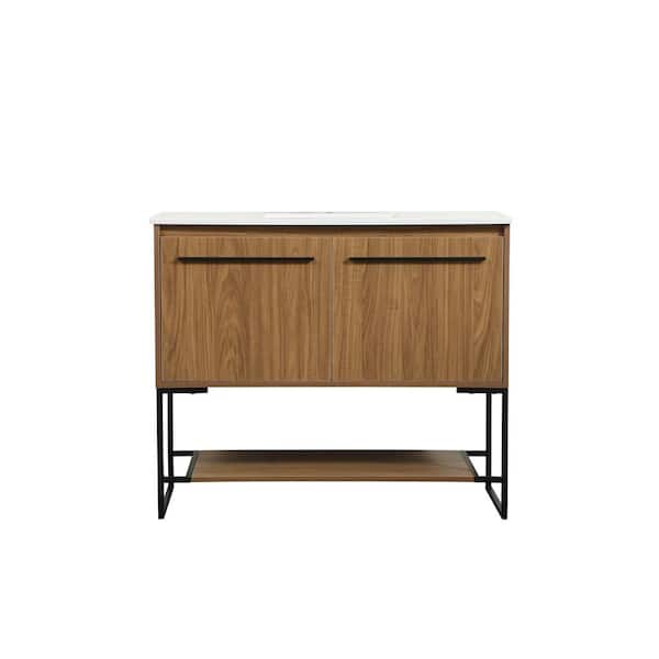 Unbranded Simply Living 40 in. Single Bathroom Vanity in Walnut Brown with Quartz Vanity Top in Ivory White