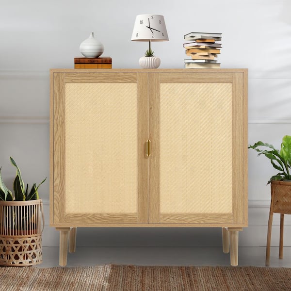 HOMESTOCK Natural Rattan/Wicker 31.5 in. Sideboard with Console Table for Liquor and Accent Storage