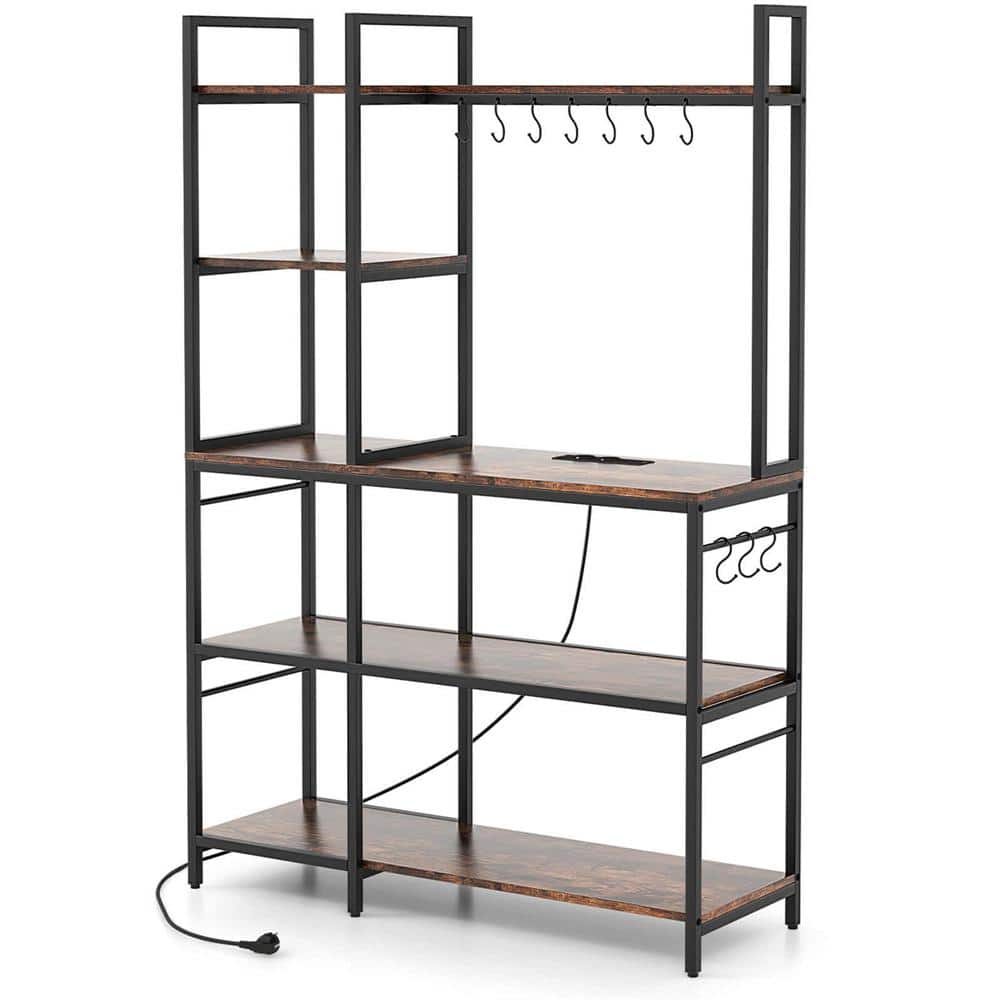Costway Brown 5Shelf Metal 42 in.W Baker's Rack with 10 SShaped Hooks