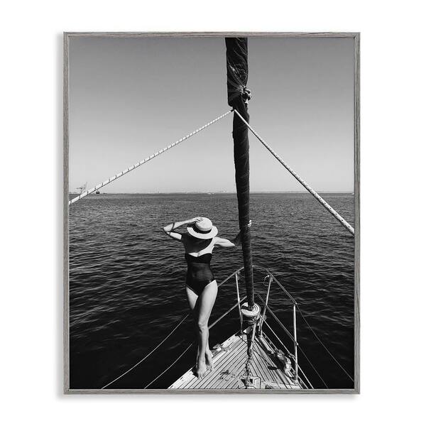 Woman Posing on Boat by LSR Design Studio Gray Framed People Giclee Art Print 30 in. x 24 in.
