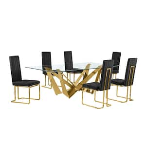 Meryl 7-Piece Rectangular Glass Top Gold Stainless Steel Dining Set 6 Black Velvet Gold Chrome Iron Chairs