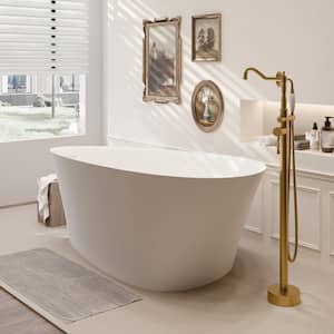 65 in. x 37 in. Stone Resin Solid Surface Non-Slip Freestanding Soaking Bathtub with Brass Drain and Hose in Matte White