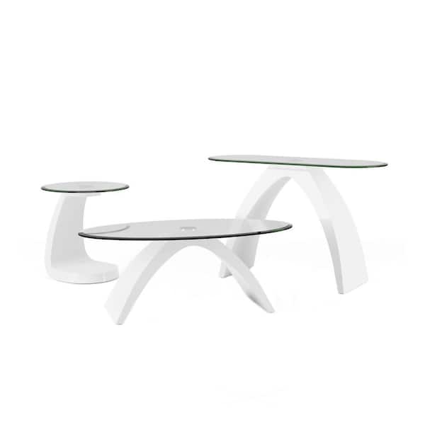 Furniture Of America Glennda 3 Piece 48 In Clear White Large Oval Glass Coffee Table Set Idf 4042wh 3pc The Home Depot