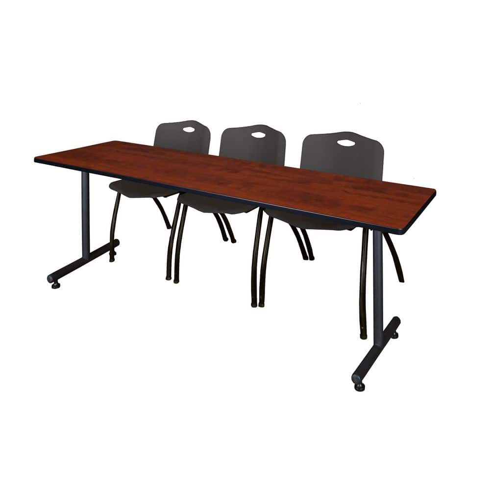 Kobe 84 in x 24 in. Cherry T-Base Training Seminar Table Desk, 2 M Stack Chairs-Black