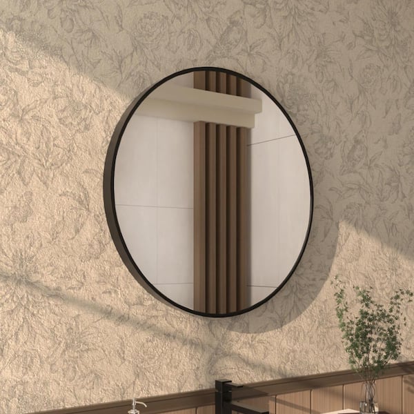 Tanx 24 in. W x 24 in. H Round Framed Wall Bathroom Vanity Mirror in matte Black