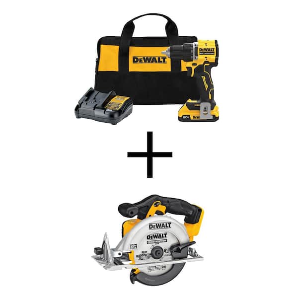 DEWALT ATOMIC 20-Volt Lithium-Ion Cordless Compact 1/2 in. Drill/Driver Kit and Circular Saw with 2.0Ah Battery, Charger & Bag