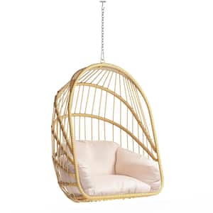 Yellow Wicker Outdoor Patio Swing Egg Chair Hanging Chair with Beige Cushion