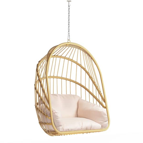 DEXTRUS Yellow Wicker Outdoor Patio Swing Egg Chair Hanging Chair with Beige Cushion