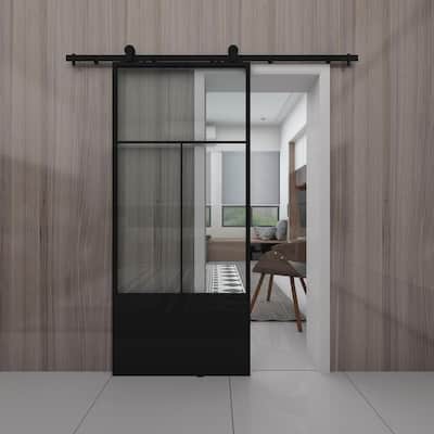 Nation 37 in. x 84 in. 3/4 Lite Clear Glass Black Metal Finish Sliding Barn Door with Hardware Kit