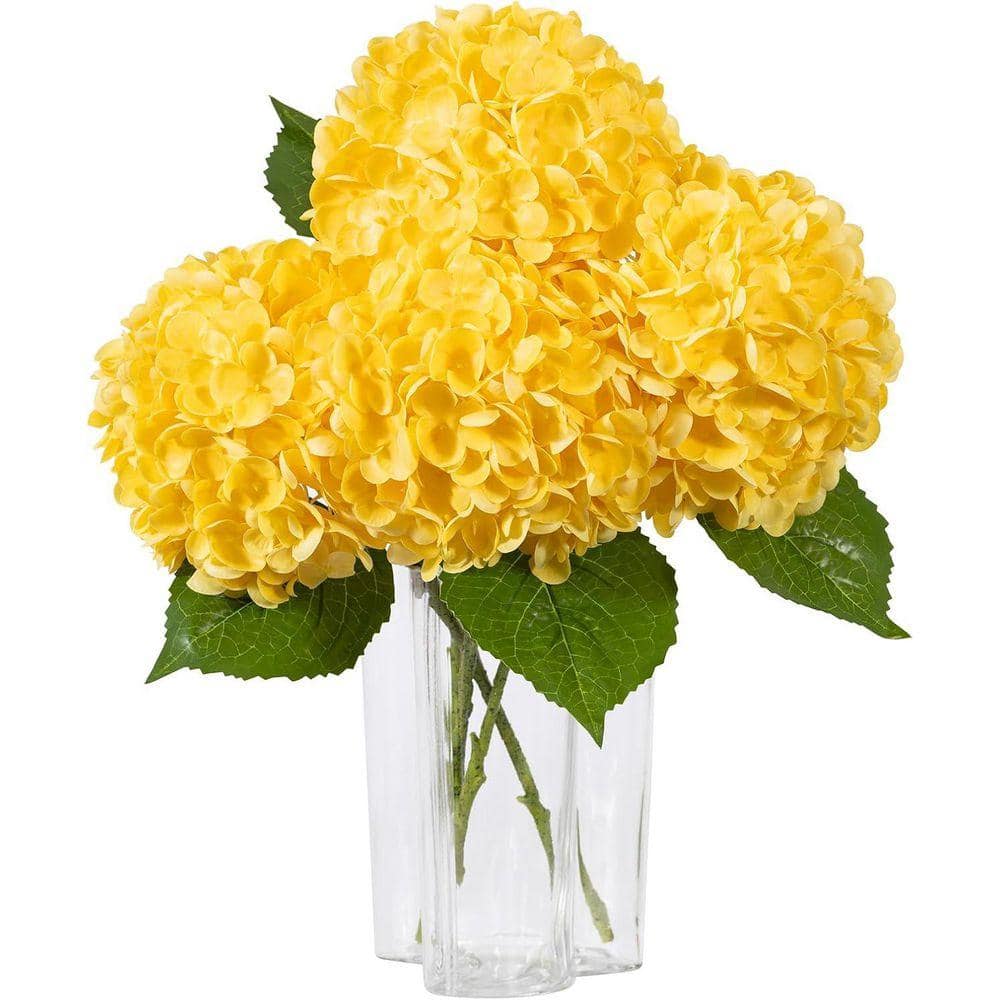 3-Piece 20 in. Yellow Hydrangea Artificial Flowers Latex Real