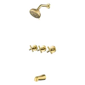 Triple Handle 10-Spray Tub and Shower Faucet 1.8 GPM in. Brushed Gold Wall Mount Shower System Valve Included