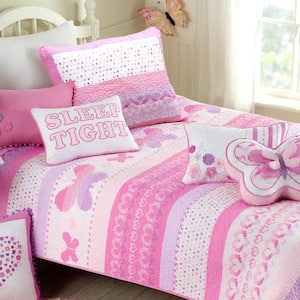 Pink Purple White Print Knit Sweater Hearts Butterfly Polka Dot Striped 2-Piece Cotton Twin Multi-Color Quilt Bedding