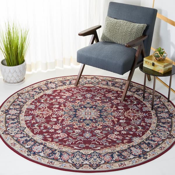 Tuscon Red/Navy 6 ft. x 6 ft. Machine Washable Floral Border Round Area Rug