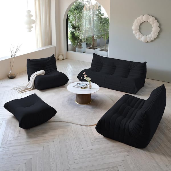 J&E Home 68.9 in. W Armless Teddy Velvet 4-piece Modular Lazy Floor Sectional Sofa with Ottoman in. Black