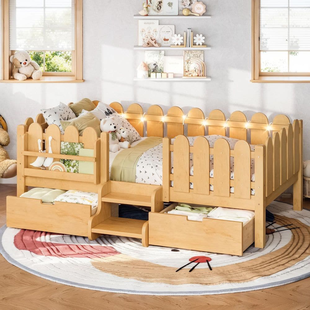Natural/Brown Wood Frame Twin Platform Bed with Guardrail and Bookshelf, LED Lights and Stairs price history on PriceWatchPro