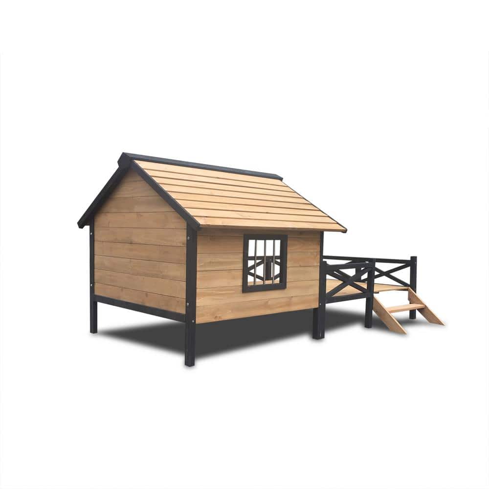 Large Yellow Brown Wooden Cabin Dog House with Porch