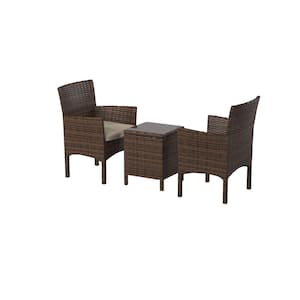3-Piece Wicker Rattan Furniture Outdoor Bistro Patio Set Chairs with Removable Beige Cushions and Square Table
