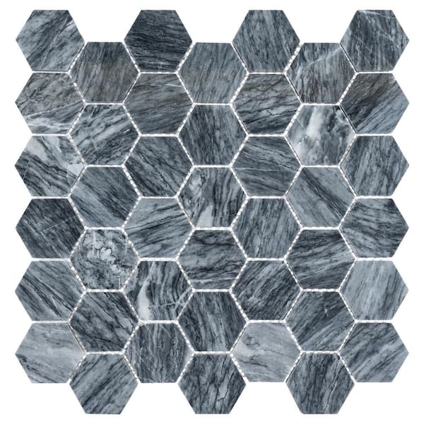 Channing Pebble Black 2 in.x 2 in. Hex Honeycomb Marble Gloss Natural Stone Wall and Floor Mosaic Tile (4.85sq.ft./Case)