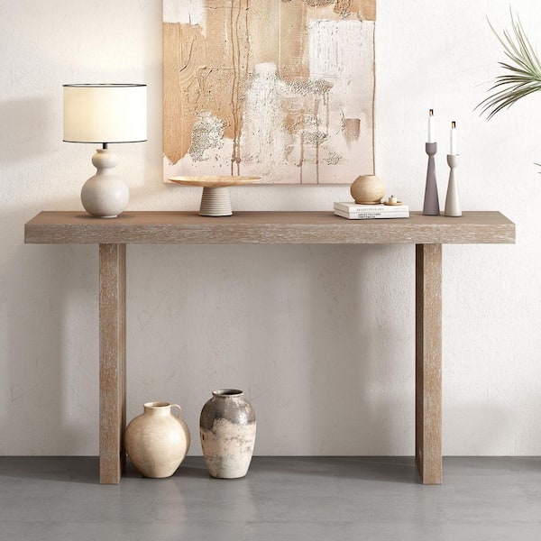 59 in. Natural Brown Rectangle Oak Veneer MDF Console Table with Distinctive Side Shapes