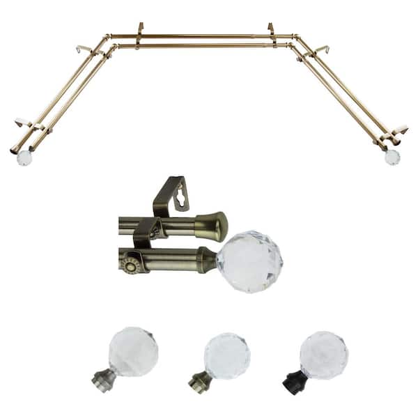 13/16" Dia Adjustable 20"-36", 38"-72" Bay Window Double Curtain Rod with Leticia Finials in Antique Brass