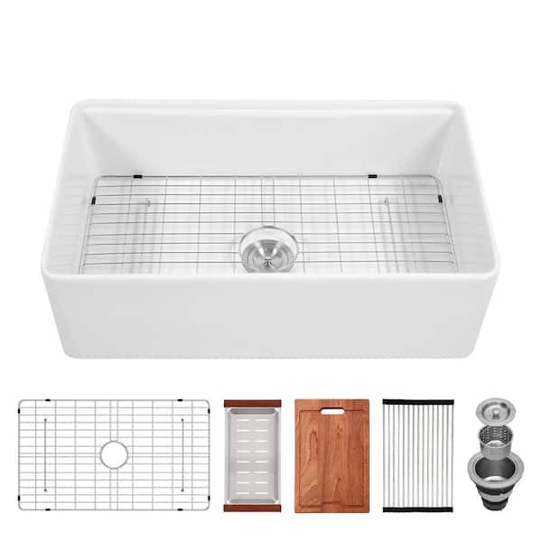 33 in. Farmhouse/Apron-Front Single Bowl White Ceramic Kitchen Sink with Accessories