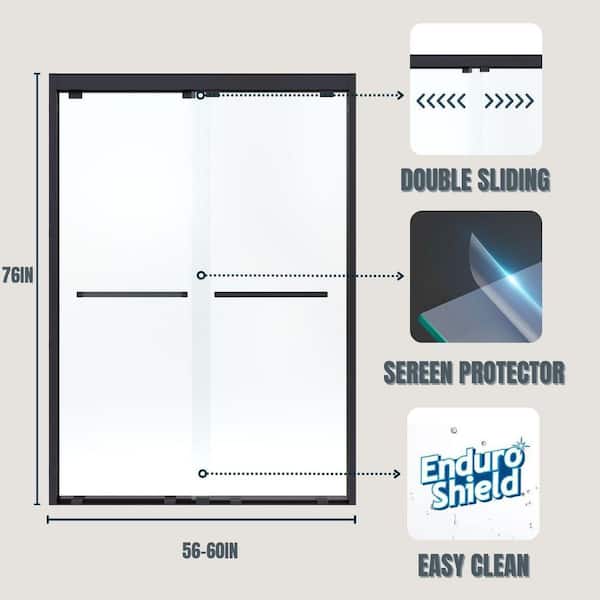 56 to 60 in. W x 76 in. H Sliding Framed Shower Door in Black Finish with Clear Glass