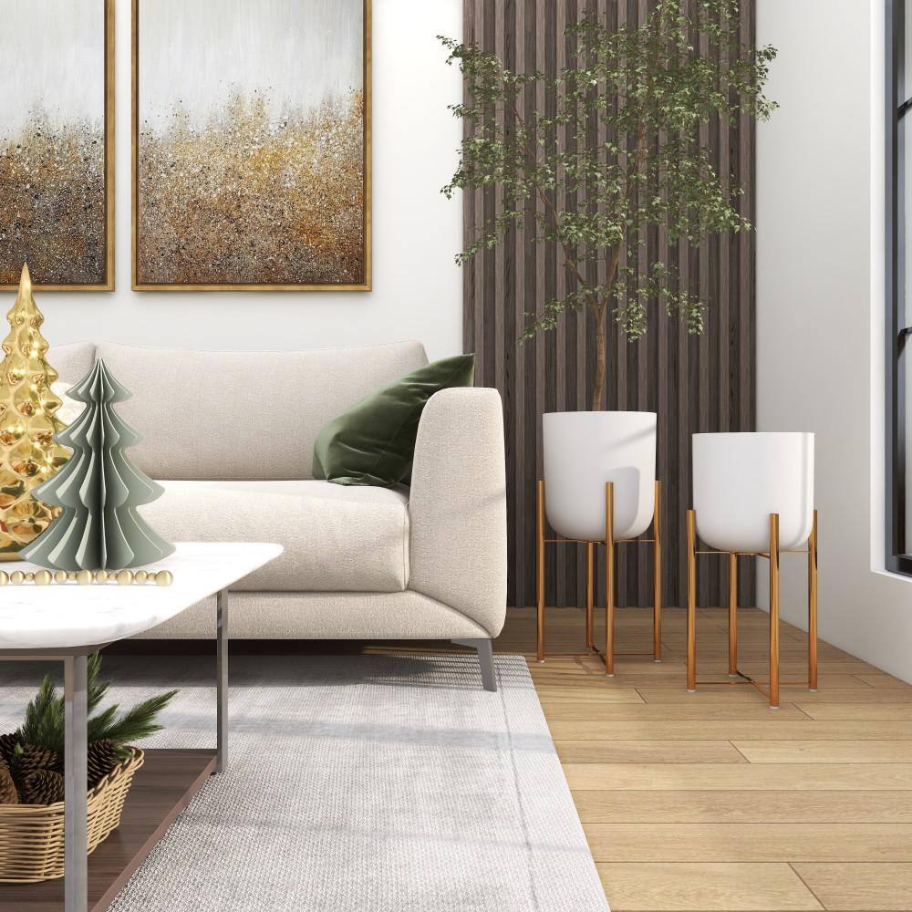 White Metal Dome Planters with Gold Stands, Set of 2