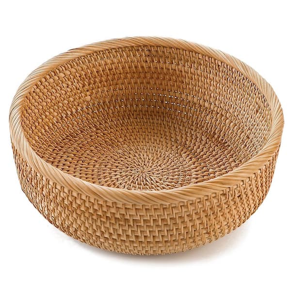 Unbranded Brown, 10.3 in. x 10.3 in. x 4 in. Round Wicker Fruit Bowl, Handmade Rattan Decorative Basket (Set of 1)