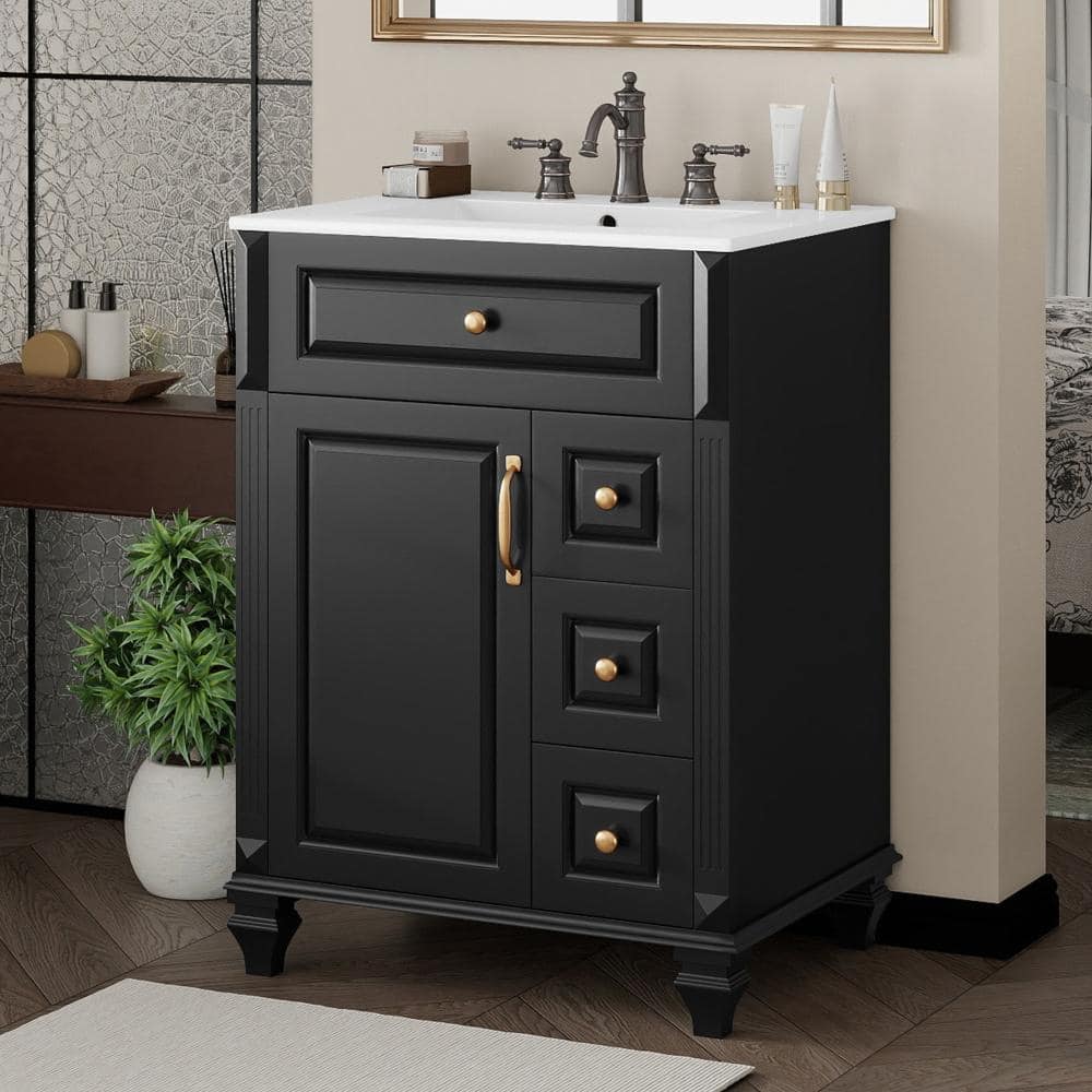 24 in. Black Bathroom Vanity with White Ceramic Sink Top with Flip-Out Drawer, 3 Drawers and Storage Cabinet price history on PriceWatchPro