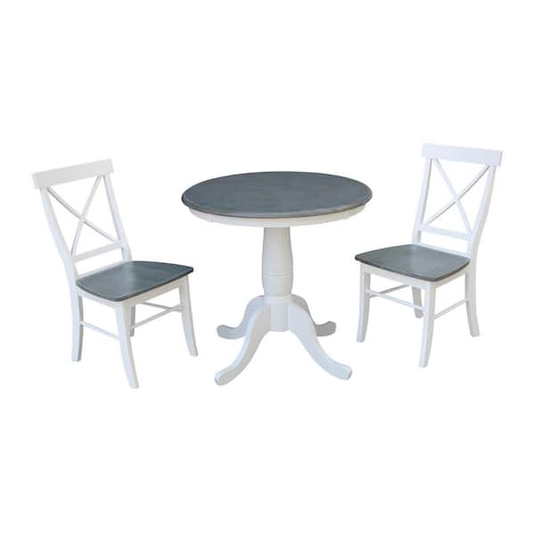 International Concepts Hampton 3-Piece 30 in. White/Heather Gray Round Solid Wood Dining Set with X-Back Chairs