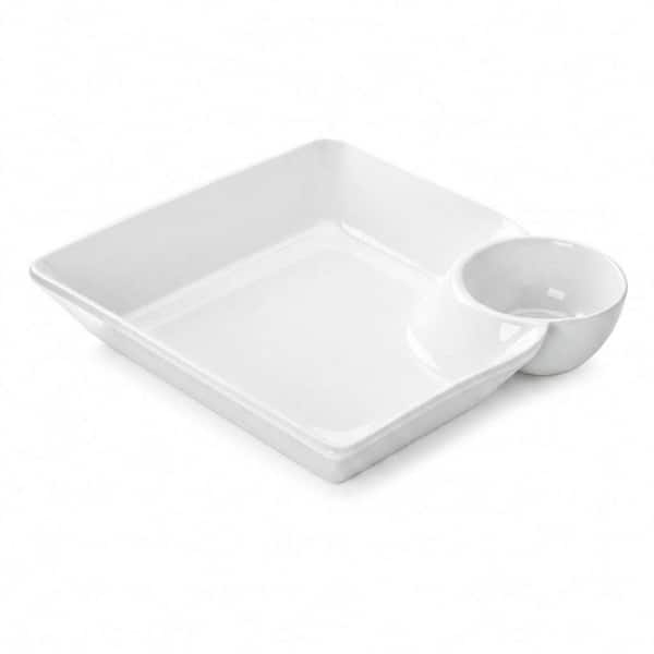 8 Inch Ceramic Divided Snack Plates with Sauce Section Set of 4 for Chip and Dip Sushi Dumpling Unit