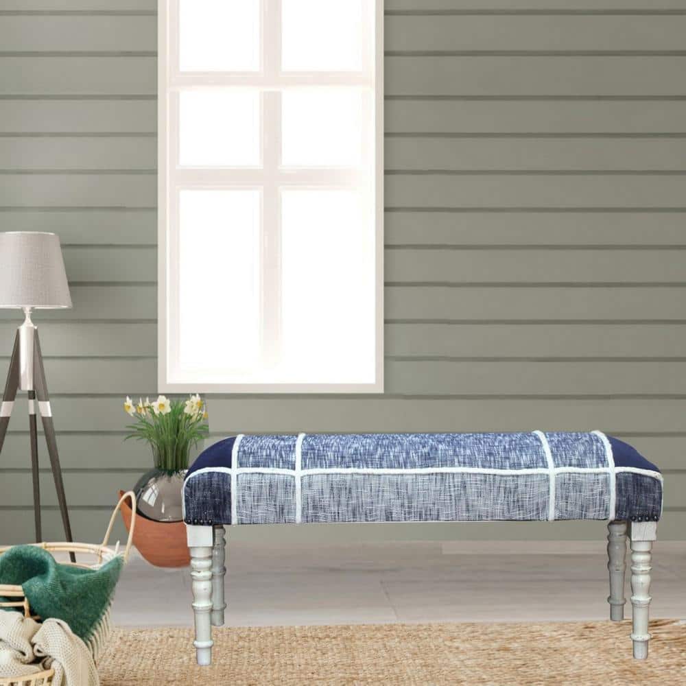 Navy and White Plaid Upholstered Storage Bench with Wood Legs