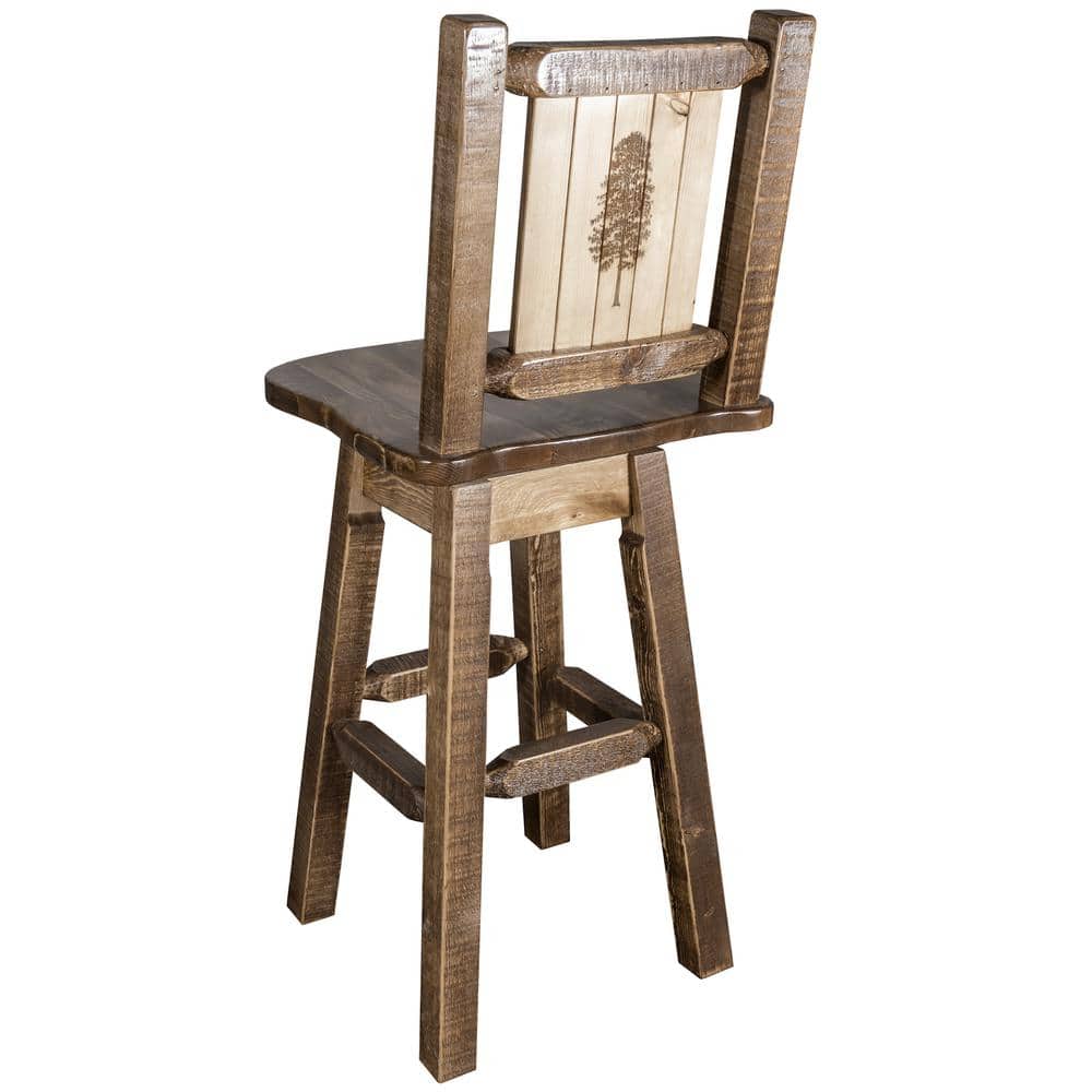 Rustic American Frontier 30" Swivel Barstool with Pine Tree Motif