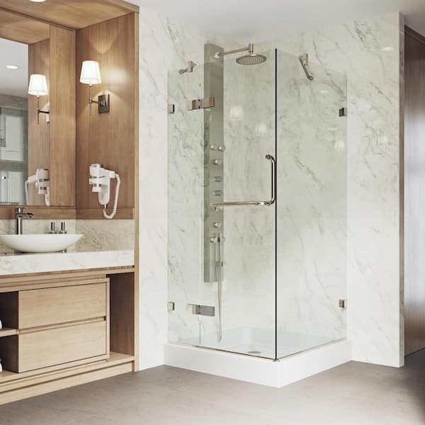 VIGO Monteray 36 in. L x 36 in. W x 79 in. H Frameless Pivot Square Shower Enclosure Kit in Brushed Nickel with Clear Glass