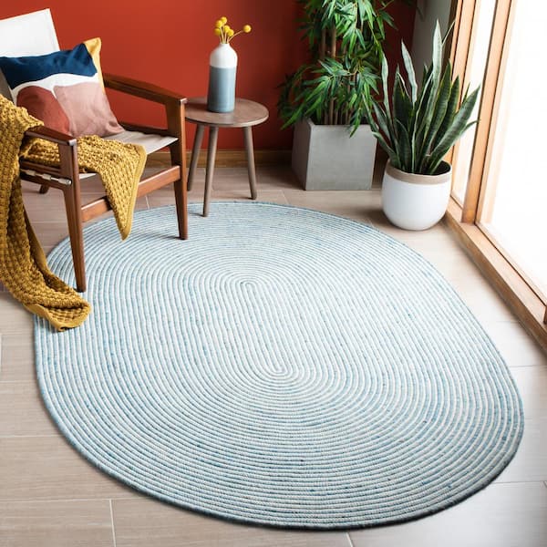 Braided Blue Ivory 6 ft. x 9 ft. Abstract Striped Oval Area Rug
