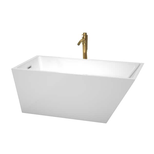 Wyndham Collection Hannah 59 in. Acrylic Flatbottom Bathtub in White with Polished Chrome Trim and Brushed Gold Faucet