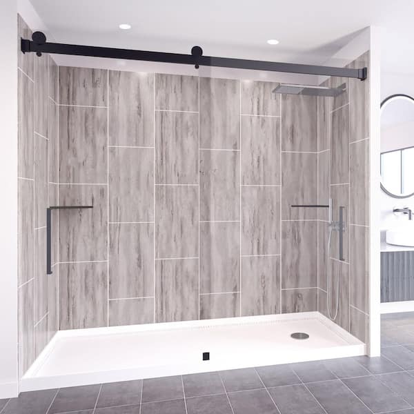 NuVo Driftwood-Tetherow 60 in. x 32 in. x 83 in. Base/Wall/Door Rectangular Alcove Shower Stall/Kit Matte Black Right