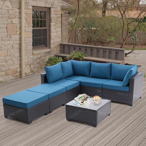 7 Pieces Outdoor Patio Furniture Set, All Weather PE Rattan and Steel Frame With Peacock Blue Cushions
