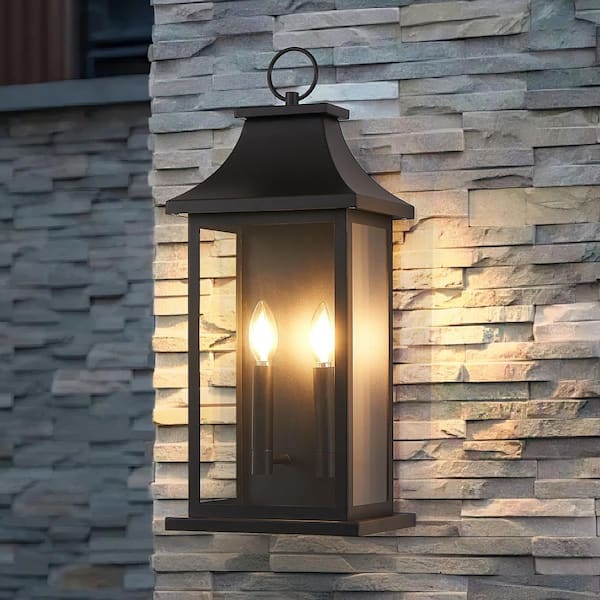 22 in. Large 2-Light Black Outdoor Wall Lantern Sconce with Clear Glass Shade for House, Porch, Garage