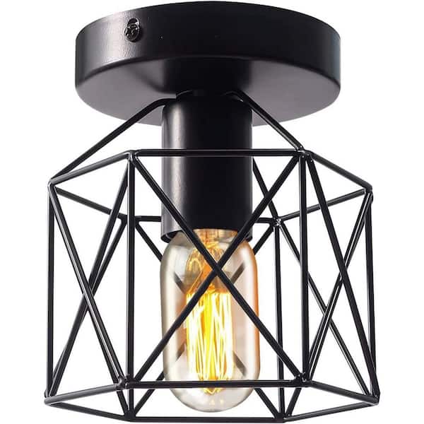Jushua 5.64 in. 1-Light Semi Flush Mount Ceiling Retro Light Fixtures Black Industrial Pendant Light Metal Bulb Guard Lamp Cage