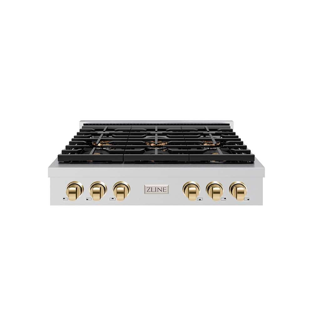 Autograph 36 in. Paramount Gas Rangetop with 6 Burner DuoPro Cooktop in Stainless Steel and Polished Gold Accents