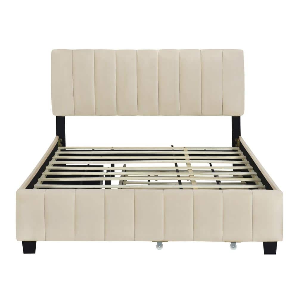 Beige Velvet Upholstered Queen Platform Bed with 2 Drawers and Twin XL Trundle durable construction price history on PriceWatchPro